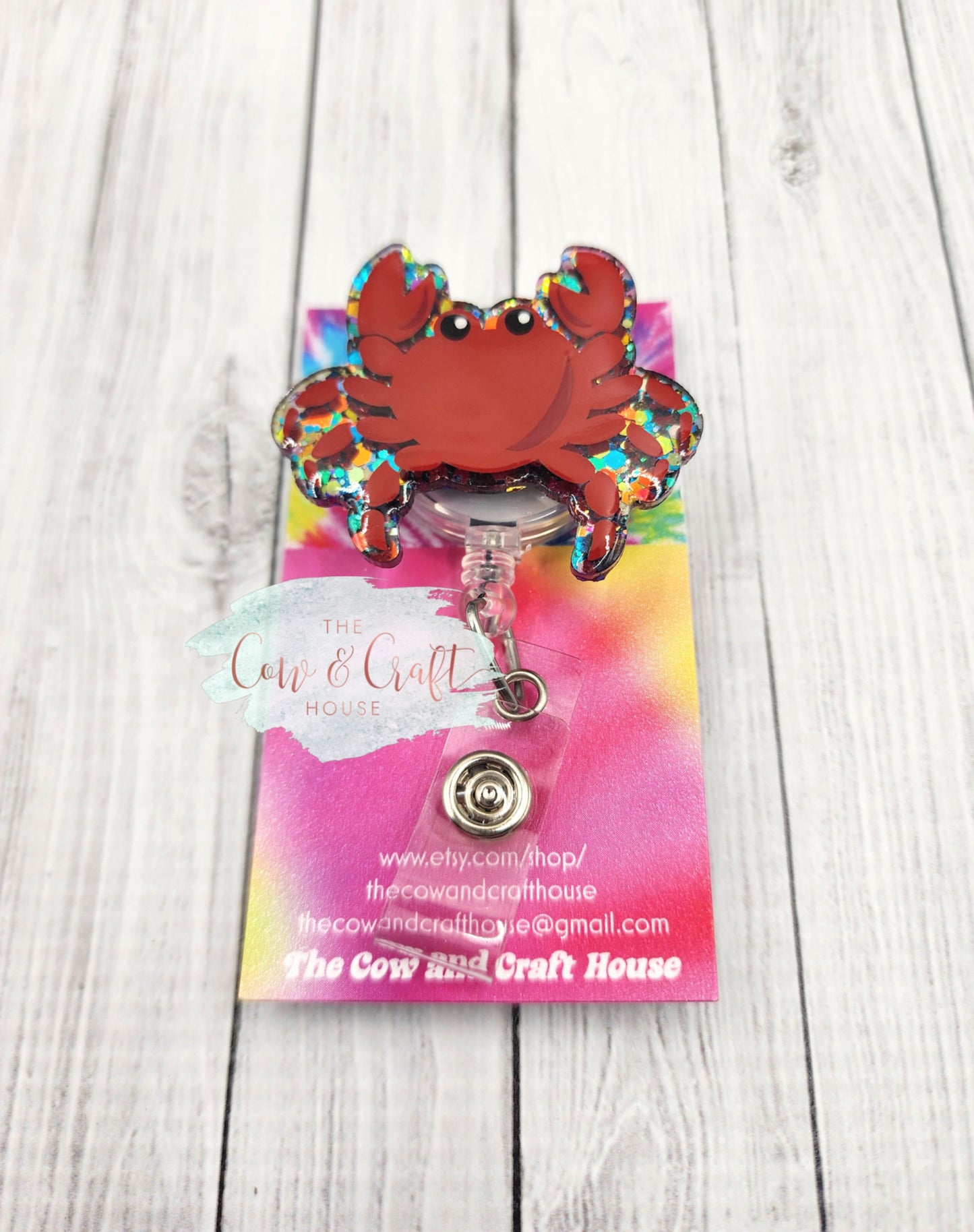 Glitter Hermit Crab Badge Reel: Beach Summer ID Holder
