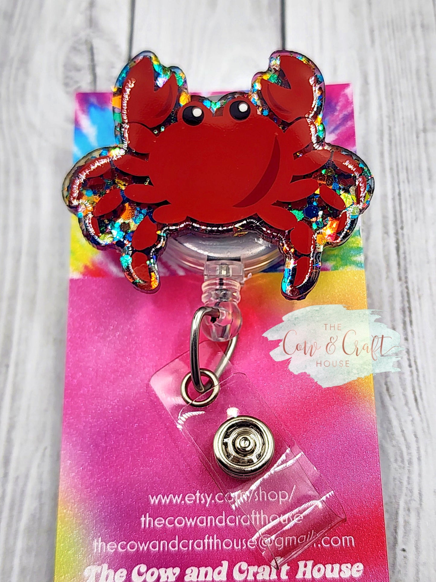 Glitter Hermit Crab Badge Reel: Beach Summer ID Holder