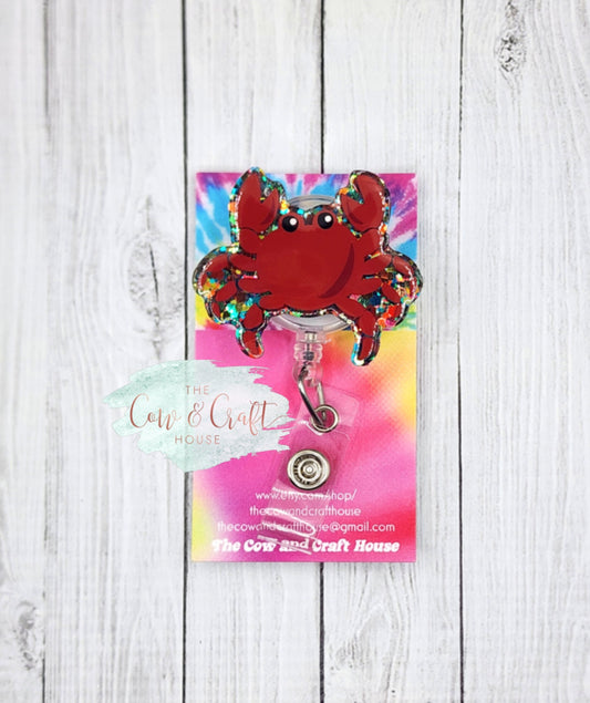 Glitter Hermit Crab Badge Reel: Beach Summer ID Holder