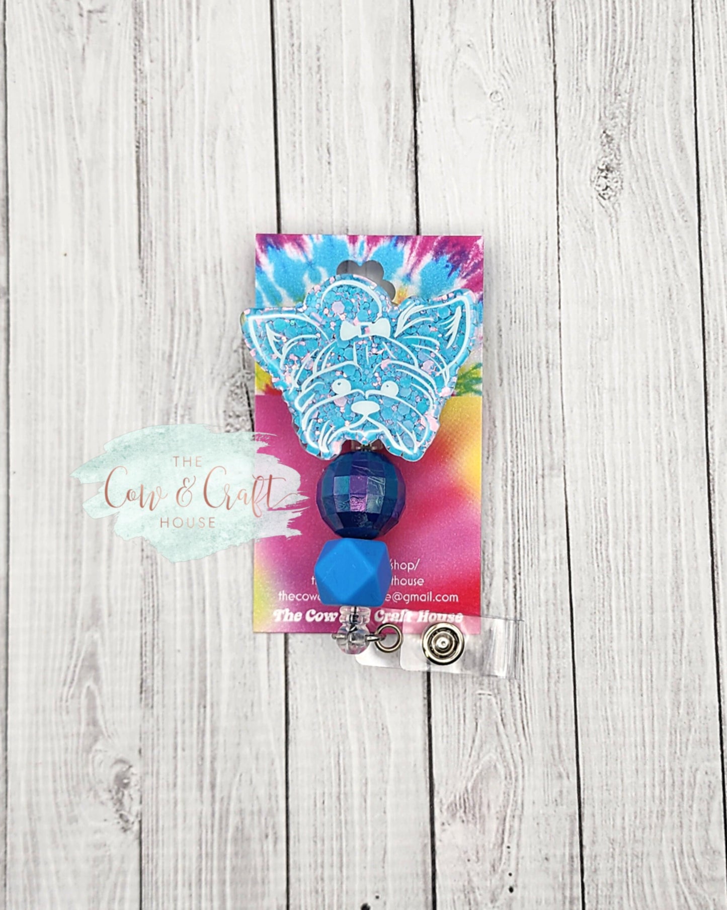 Yorkie Badge Reel: Glitter Puppy ID Holder with Beads