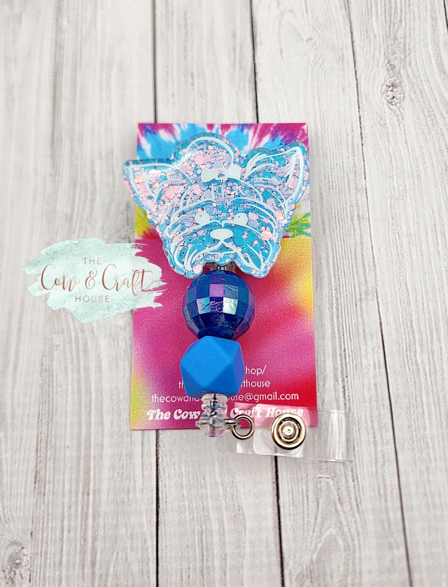 Yorkie Badge Reel: Glitter Puppy ID Holder with Beads