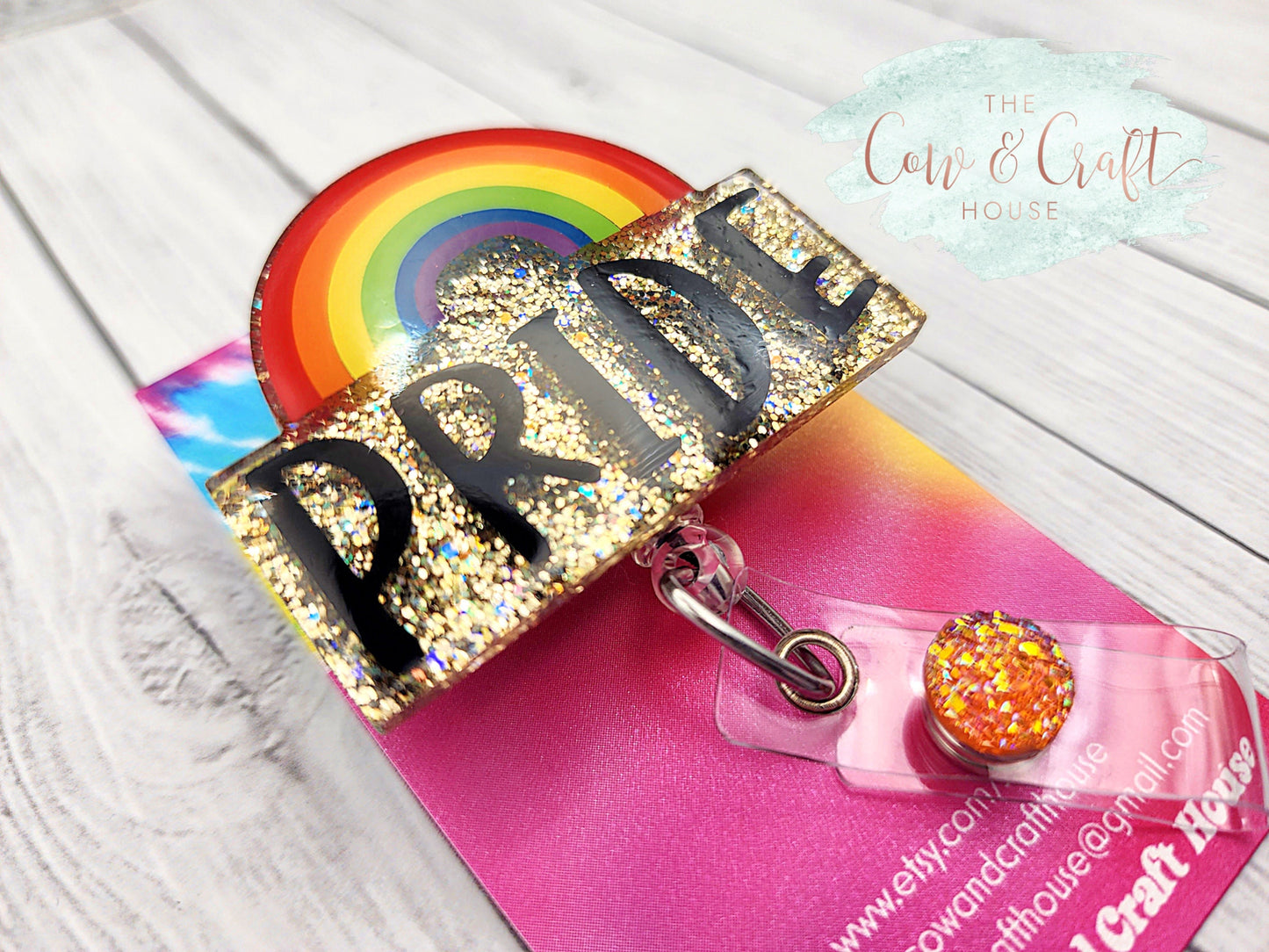 Pride Badge Reel: Rainbow Glitter Acrylic ID Holder
