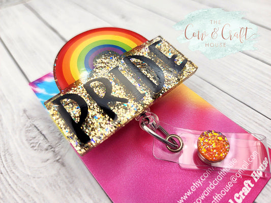 Pride Badge Reel: Rainbow Glitter Acrylic ID Holder