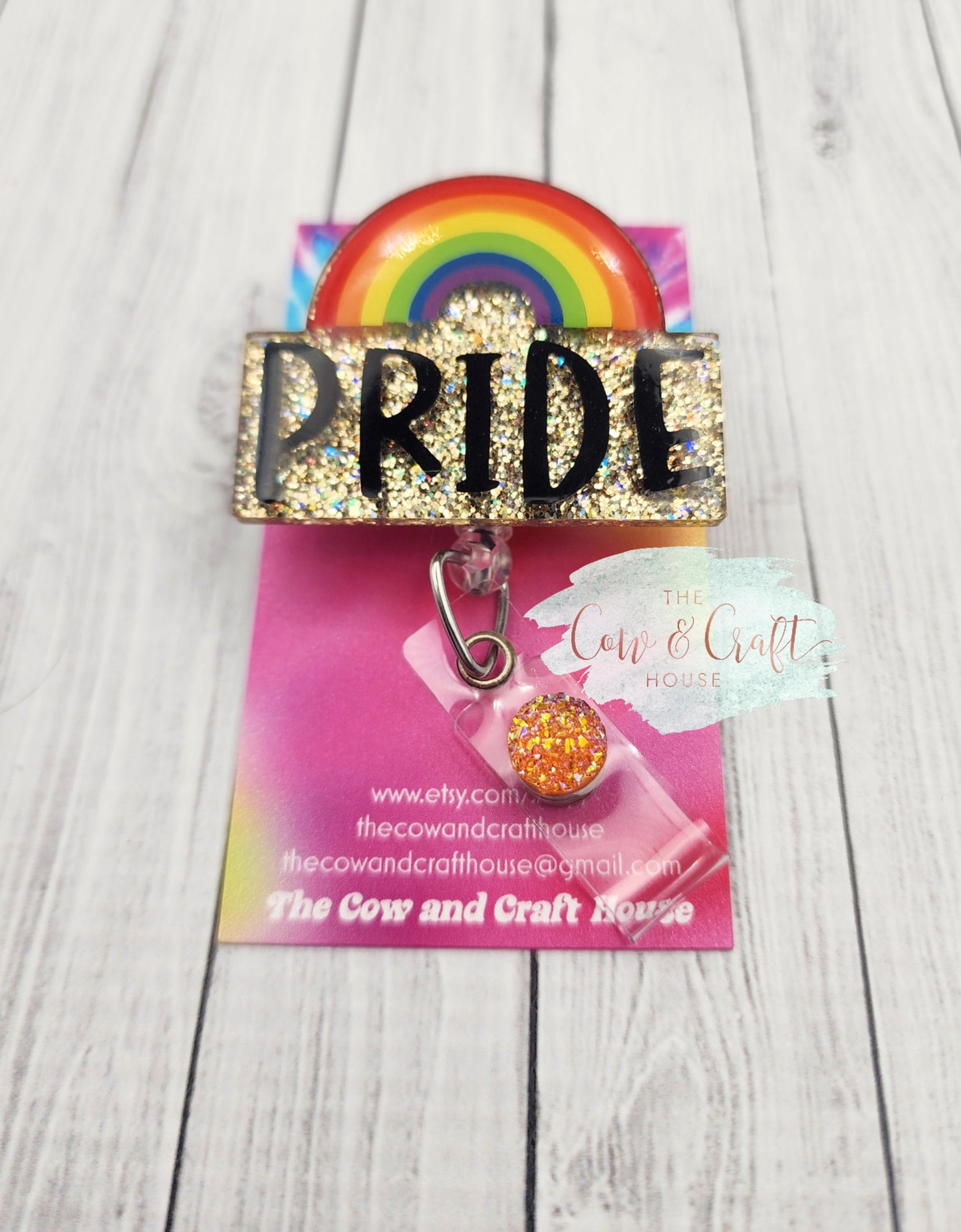 Pride Badge Reel: Rainbow Glitter Acrylic ID Holder