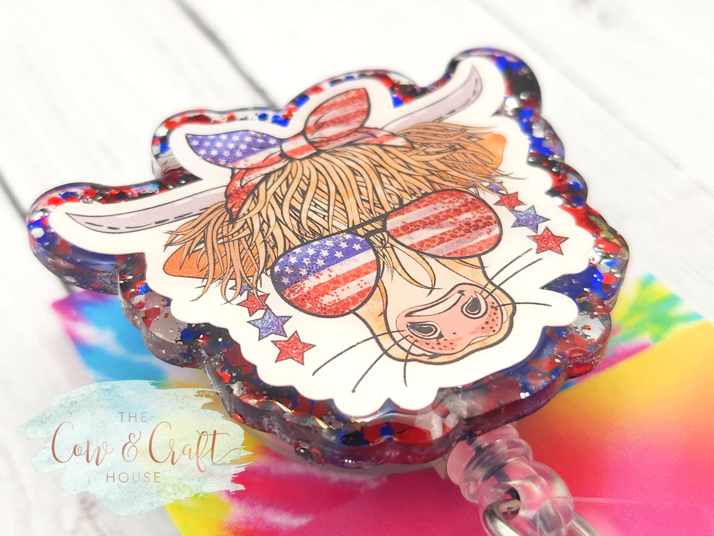 Independence Day Highland Cow Badge Reel, Patriotic Acrylic Badge