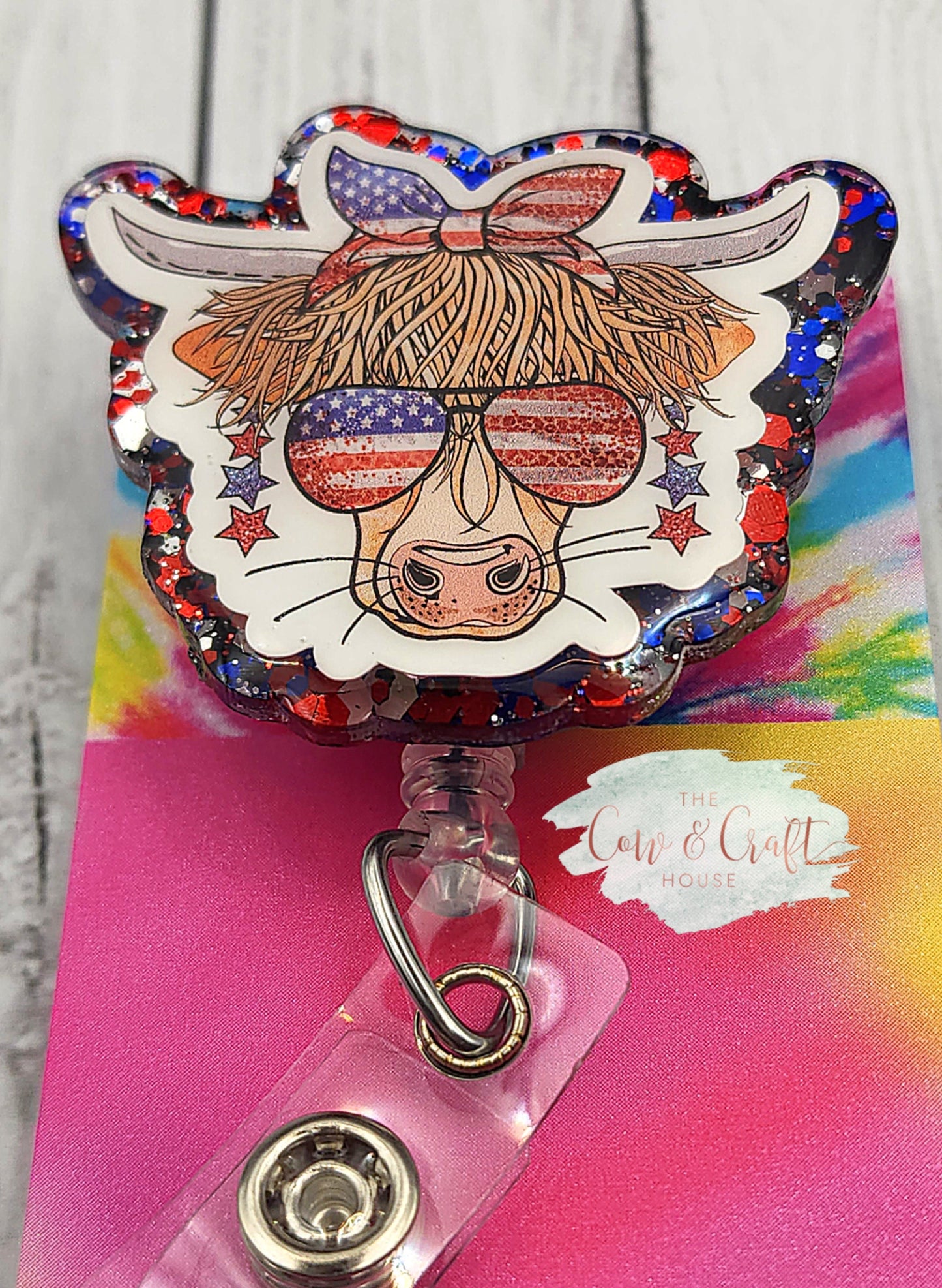 Independence Day Highland Cow Badge Reel, Patriotic Acrylic Badge
