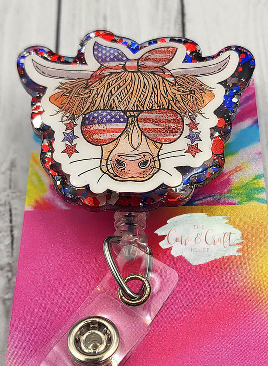 Independence Day Highland Cow Badge Reel, Patriotic Acrylic Badge