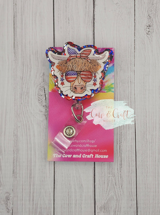 Independence Day Highland Cow Badge Reel, Patriotic Acrylic Badge