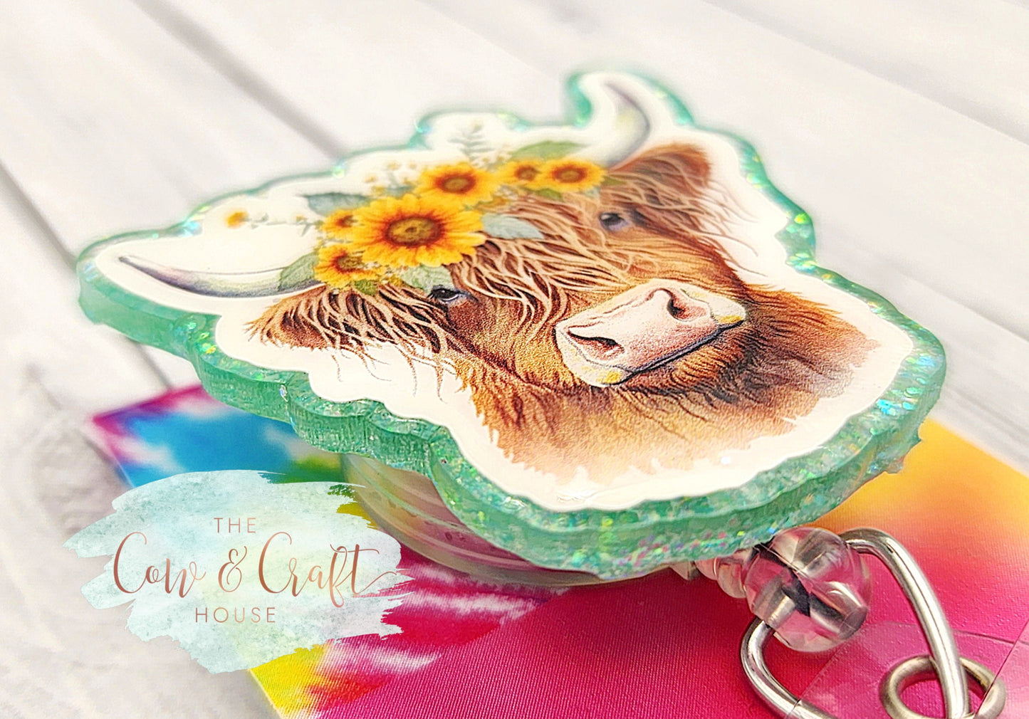 Highland Cow Badge Reel: Flowers, Glitter, Resin Sealed