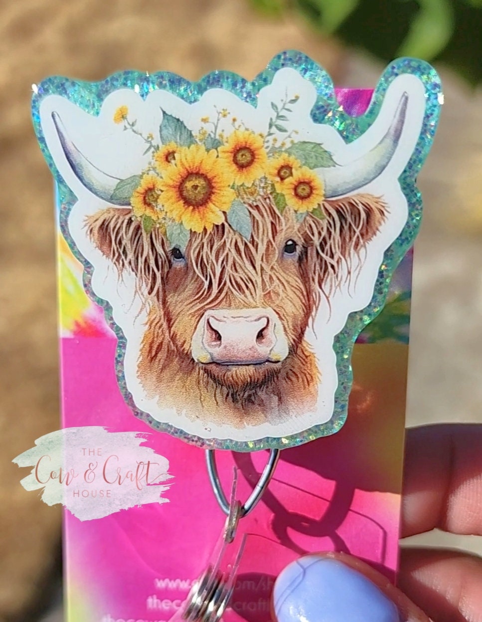 Highland Cow Badge Reel: Flowers, Glitter, Resin Sealed