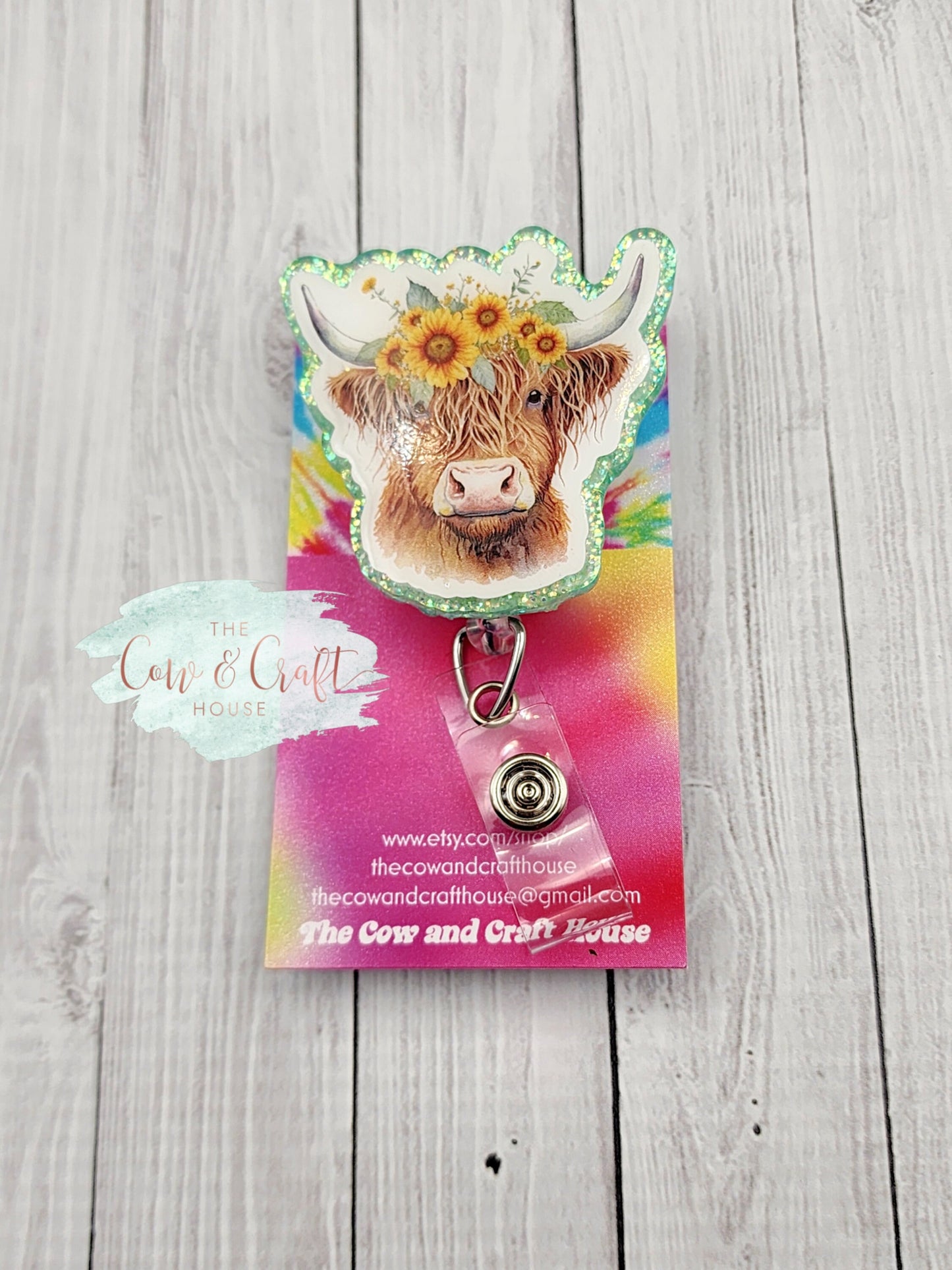 Highland Cow Badge Reel: Flowers, Glitter, Resin Sealed