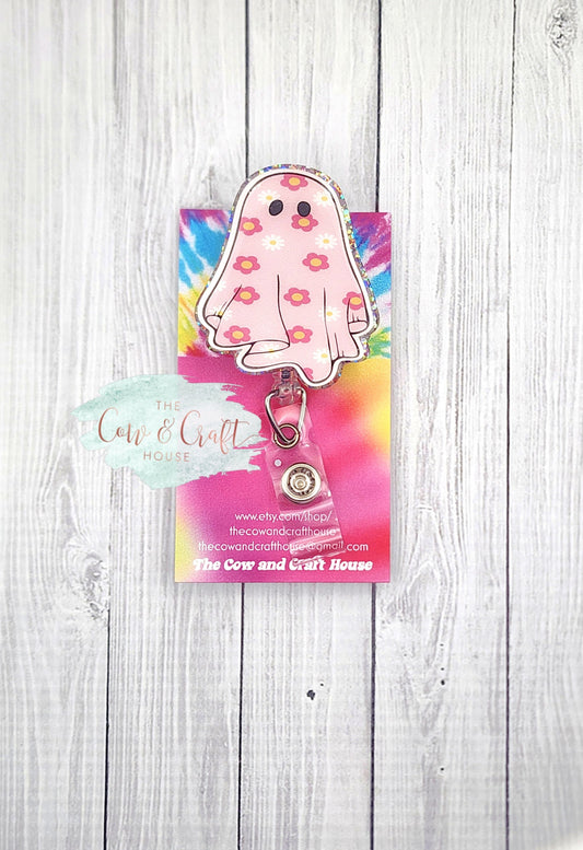 Halloween Ghost Badge Reel: Glitter Flower Design, Nurse Accessory