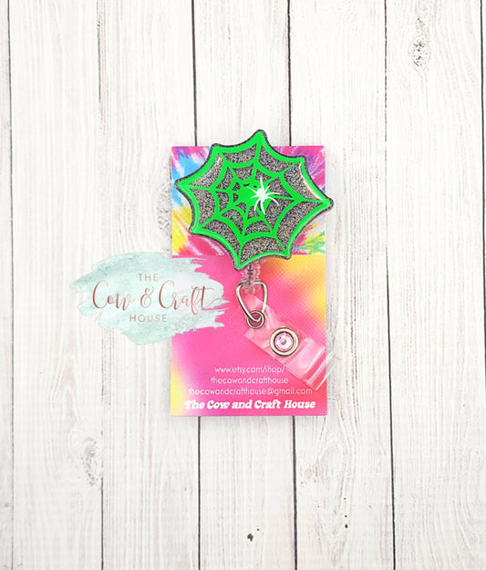 Neon Green Spider Web Badge Reel: Halloween ID Holder