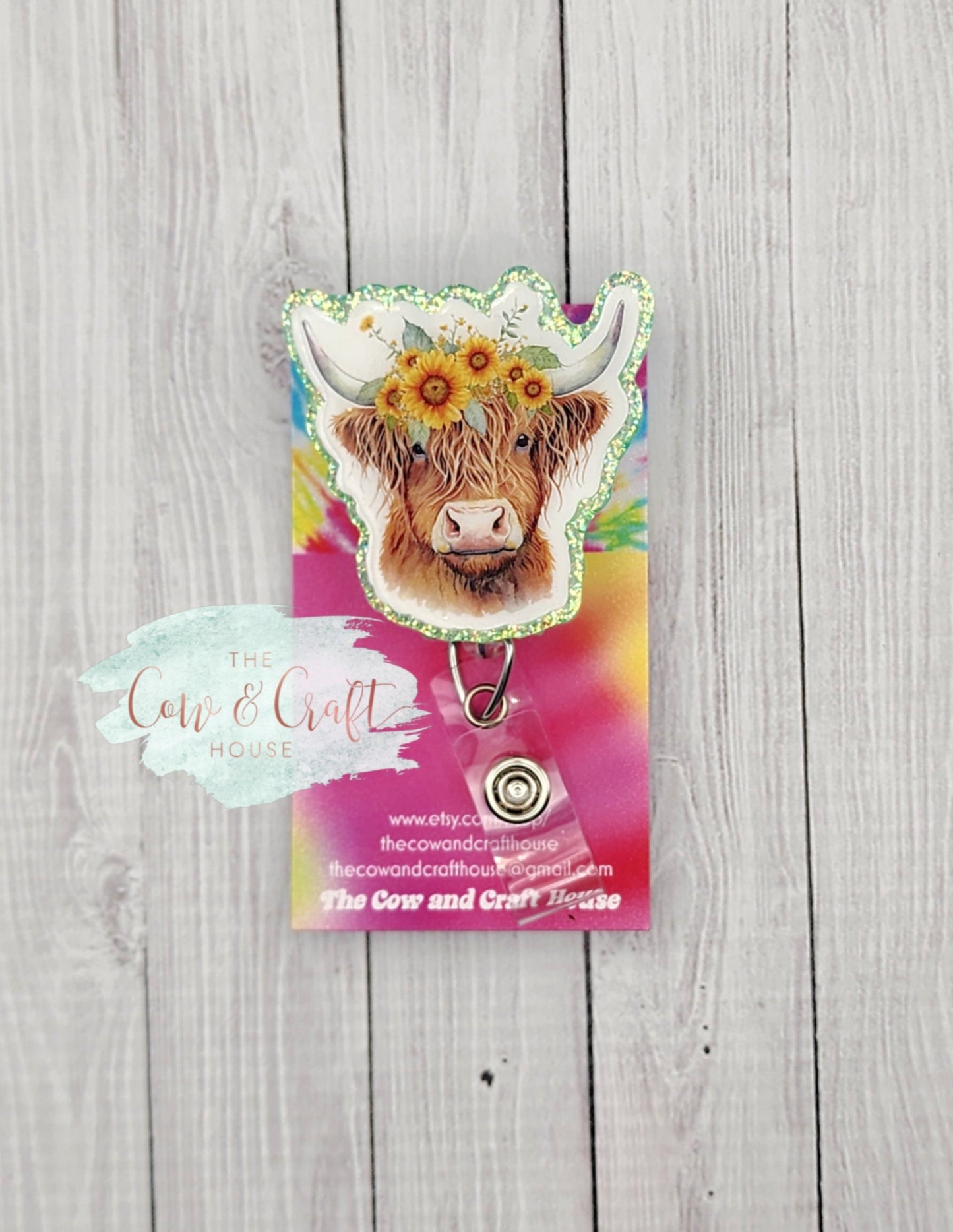 Highland Cow Badge Reel: Flowers, Glitter, Resin Sealed