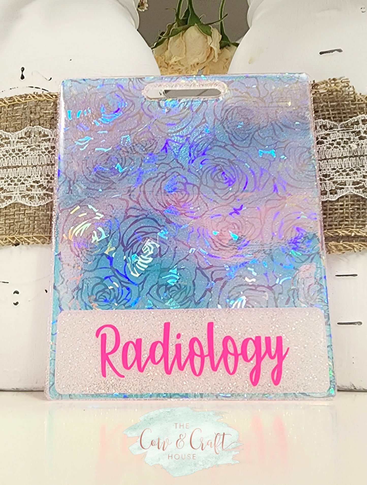 Holographic Radiology Badge Buddy: Extended Length, Silver Roses