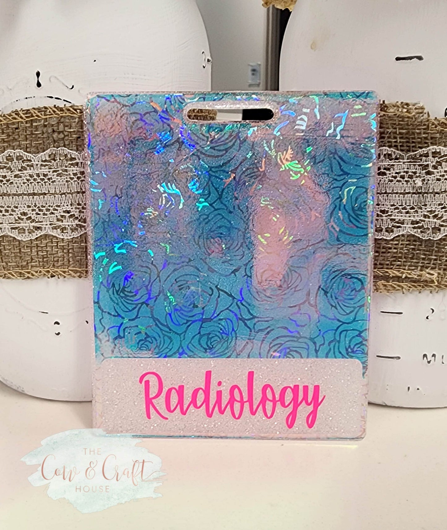 Holographic Radiology Badge Buddy: Extended Length, Silver Roses