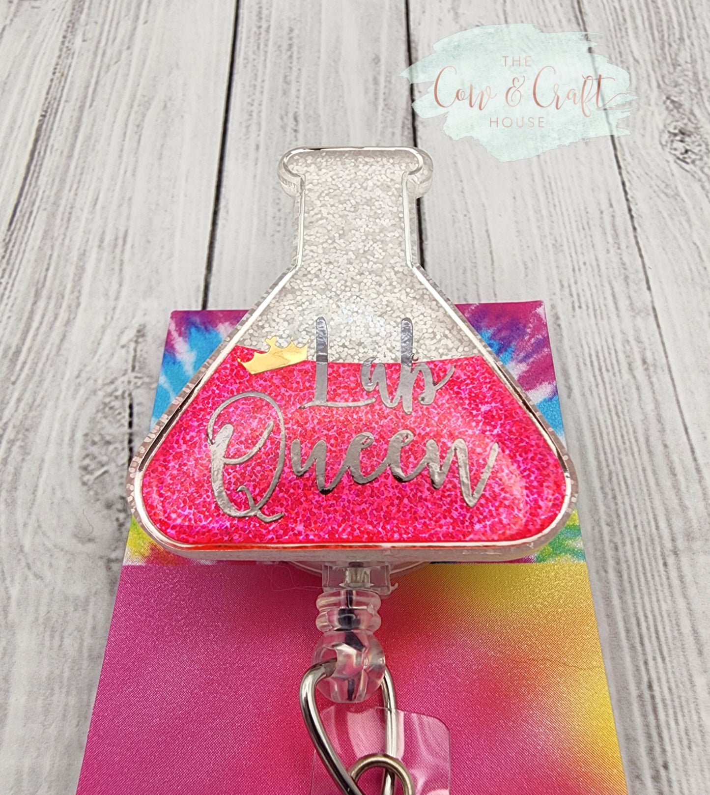 Lab Queen Beaker Badge Reel: Glitter Lab Tech ID Holder