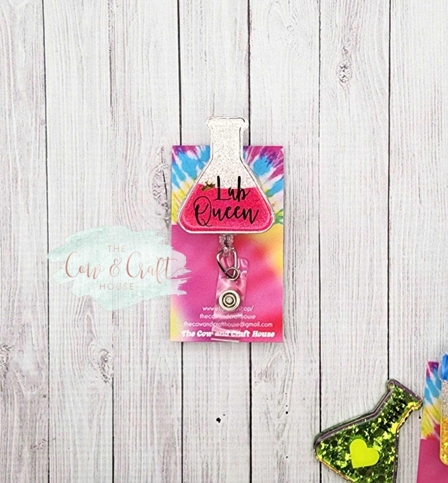 Lab Queen Beaker Badge Reel: Glitter Lab Tech ID Holder