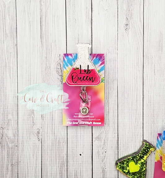 Lab Queen Beaker Badge Reel: Glitter Lab Tech ID Holder