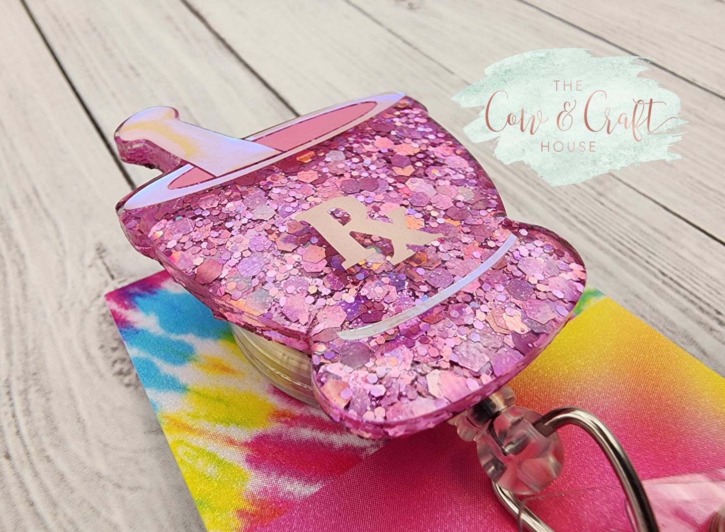 Pharmacy Badge Reel RX | Mortar Pestle Badge Reel | Pink Glitter Shimmery Vinyl | Swivel Clip 34” Nylon Cord