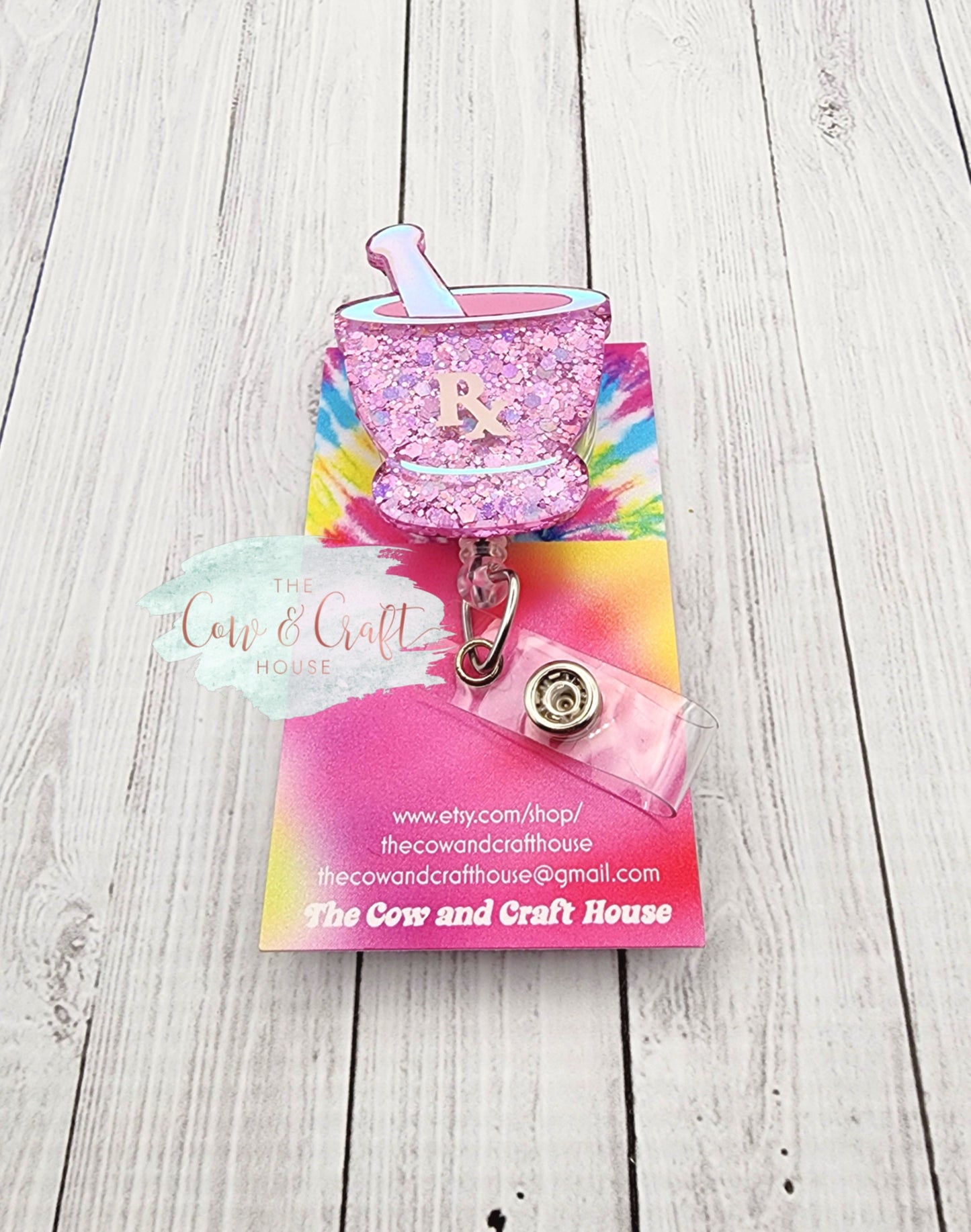 Pharmacy Badge Reel RX | Mortar Pestle Badge Reel | Pink Glitter Shimmery Vinyl | Swivel Clip 34” Nylon Cord