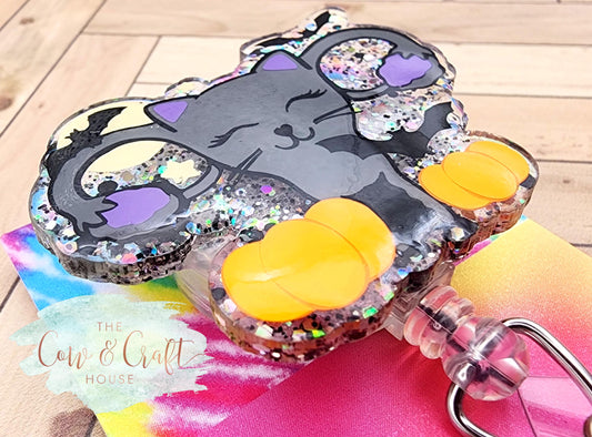 Halloween Cat Pumpkin Badge Reel: Glitter Nurse ID Holder
