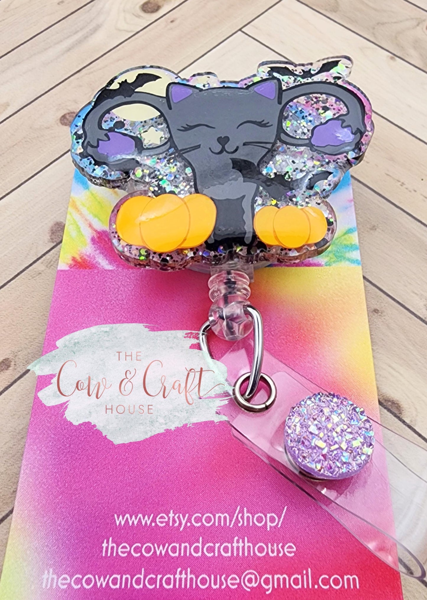 Halloween Cat Pumpkin Badge Reel: Glitter Nurse ID Holder