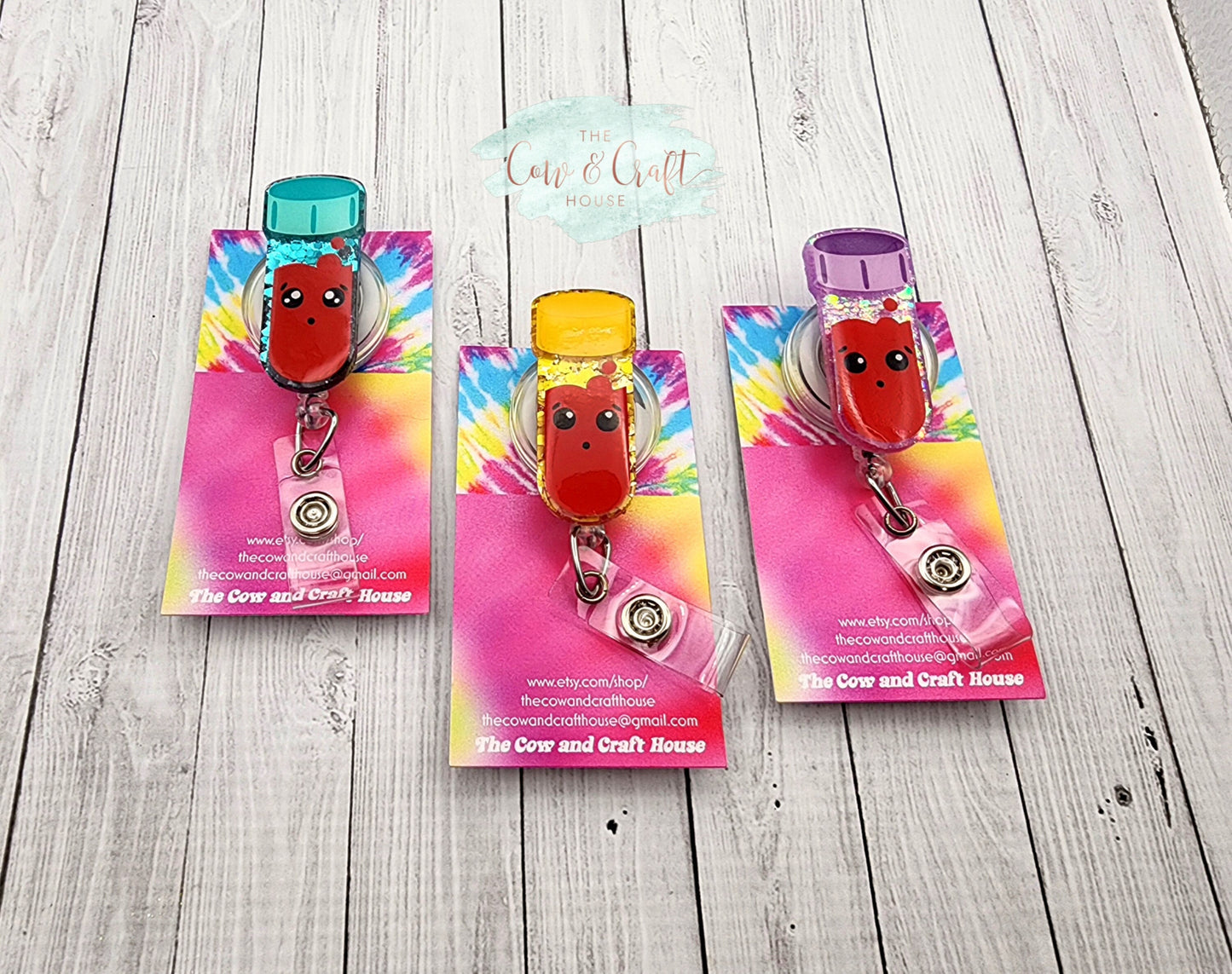 Specimen Tube Badge Reel | Lab Tech Badge Reel | Choose Charms | Swivel Clip 34” Nylon Cord | Purple Yellow Turquoise