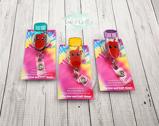 Specimen Tube Badge Reel | Lab Tech Badge Reel | Choose Charms | Swivel Clip 34” Nylon Cord | Purple Yellow Turquoise
