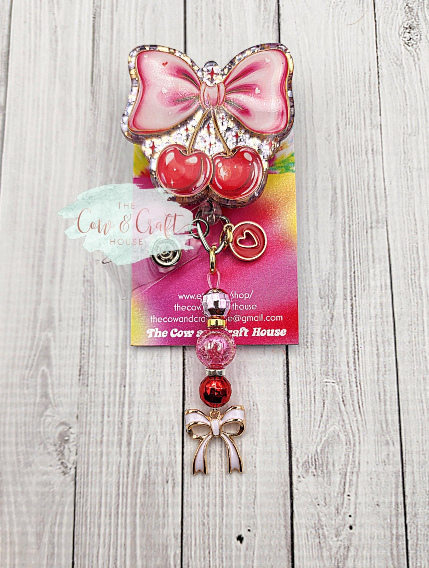 Valentine Cherries Bow Badge Reel, Nurse Badge Holder