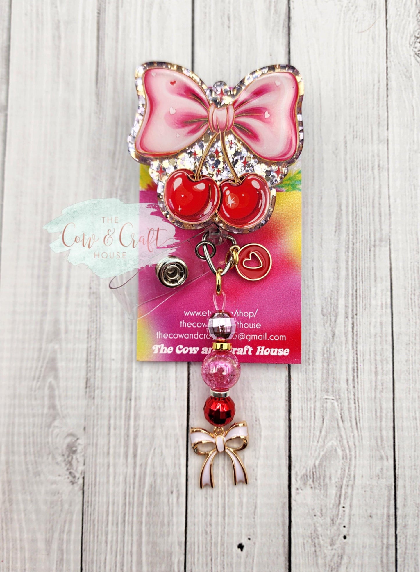 Valentine Cherries Bow Badge Reel, Nurse Badge Holder