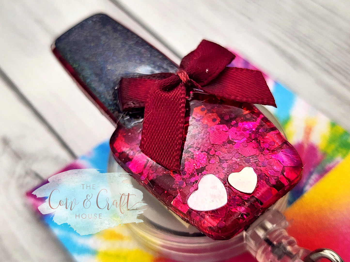 Glitter Nail Polish Bottle Badge Reel with Bow | Retractable ID Holder