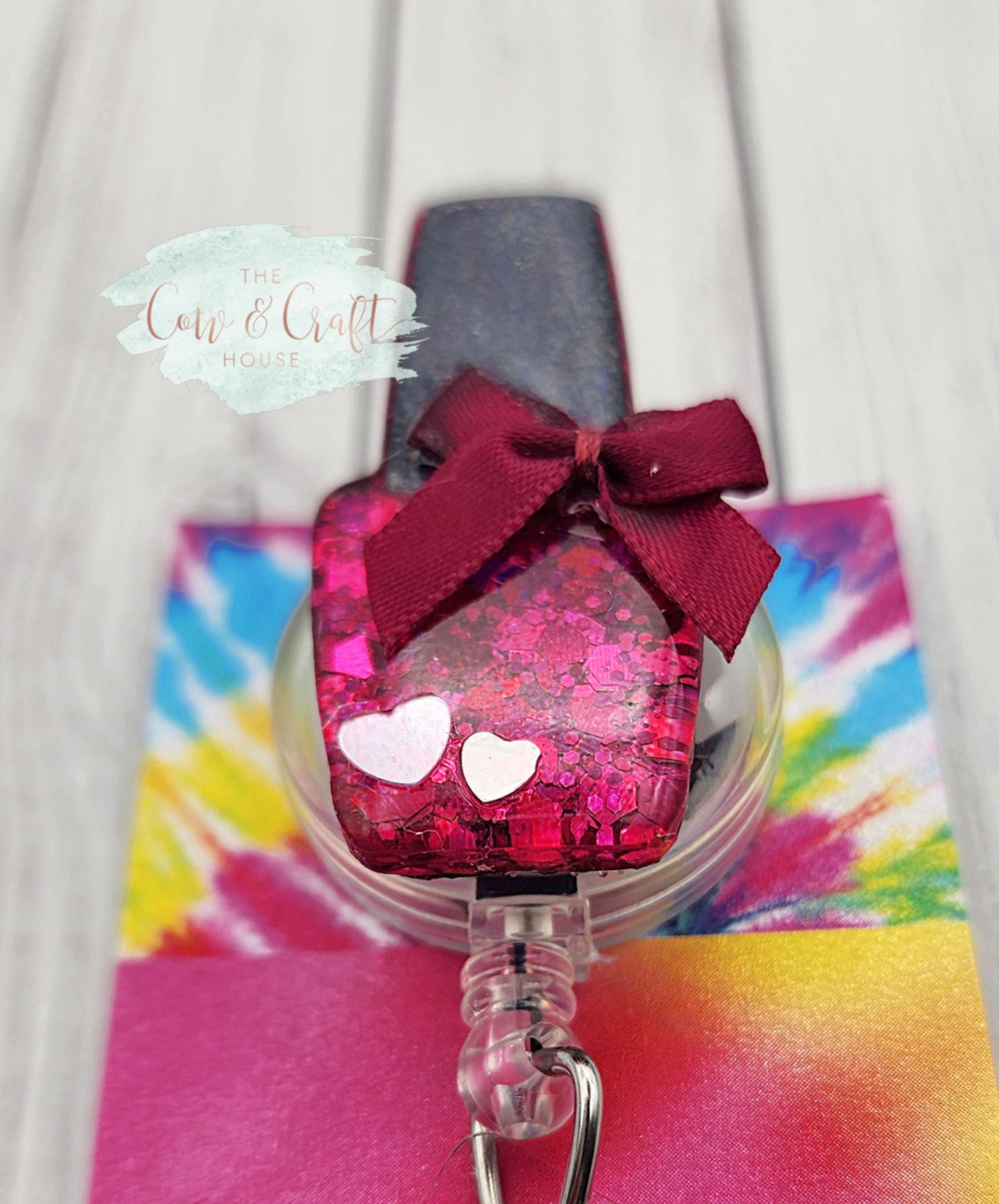 Glitter Nail Polish Bottle Badge Reel with Bow | Retractable ID Holder
