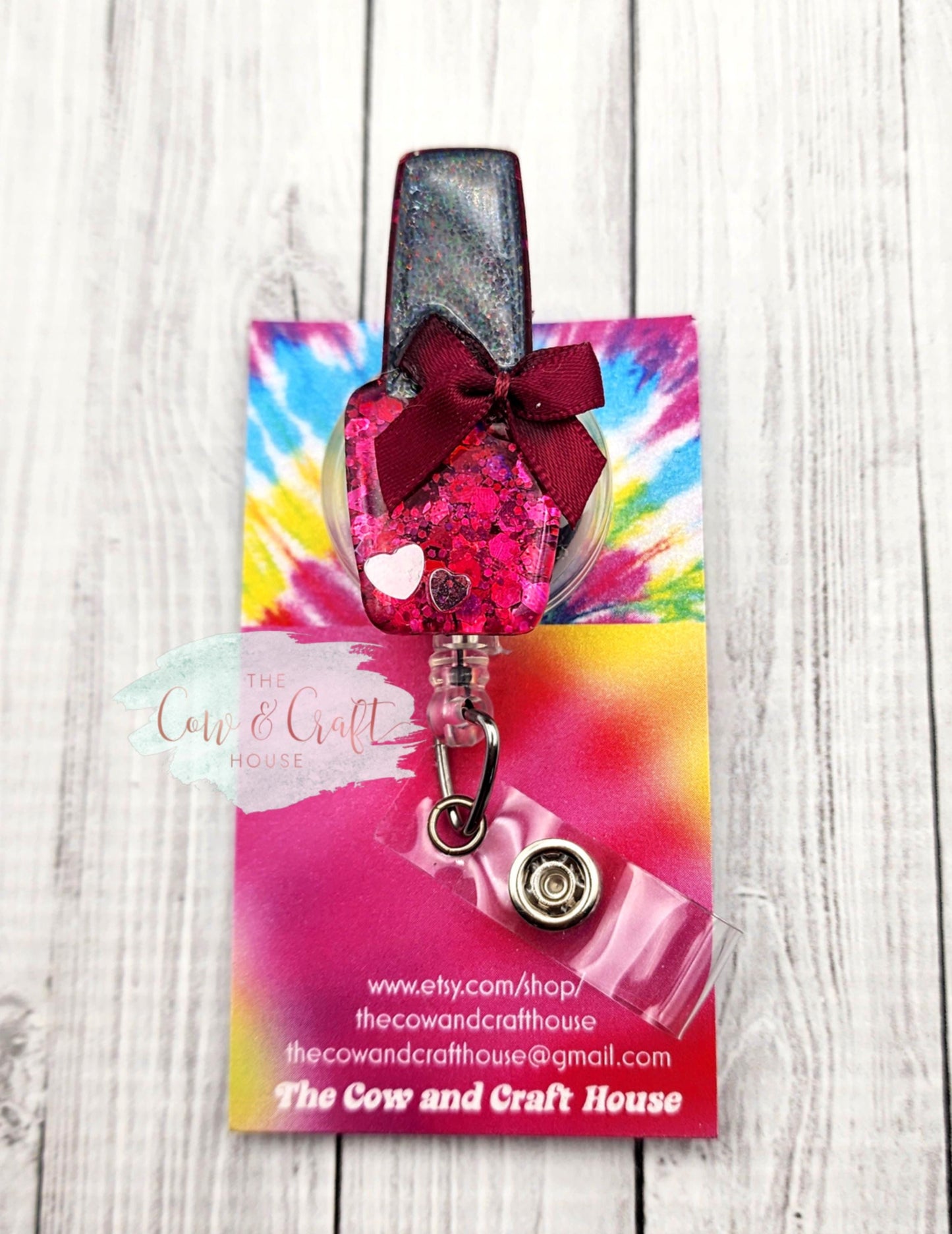 Glitter Nail Polish Bottle Badge Reel with Bow | Retractable ID Holder