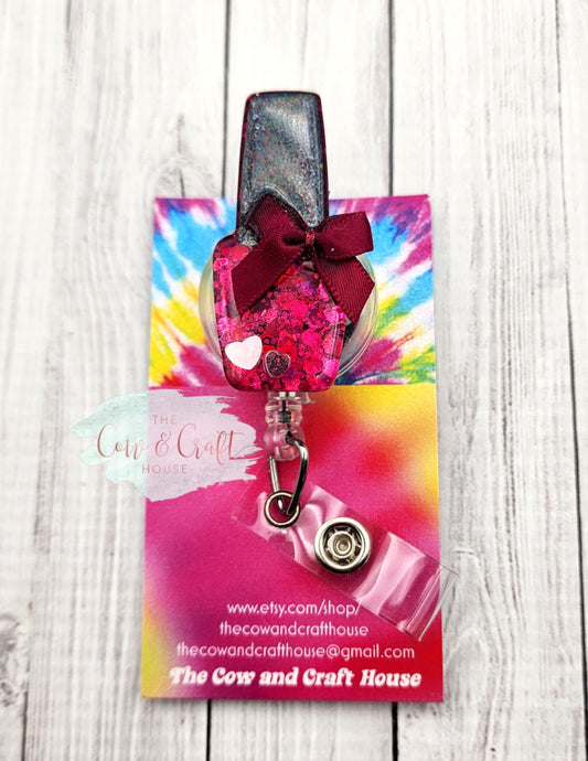 Glitter Nail Polish Bottle Badge Reel with Bow | Retractable ID Holder
