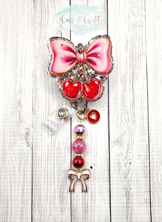 Valentine Cherries Bow Badge Reel, Nurse Badge Holder