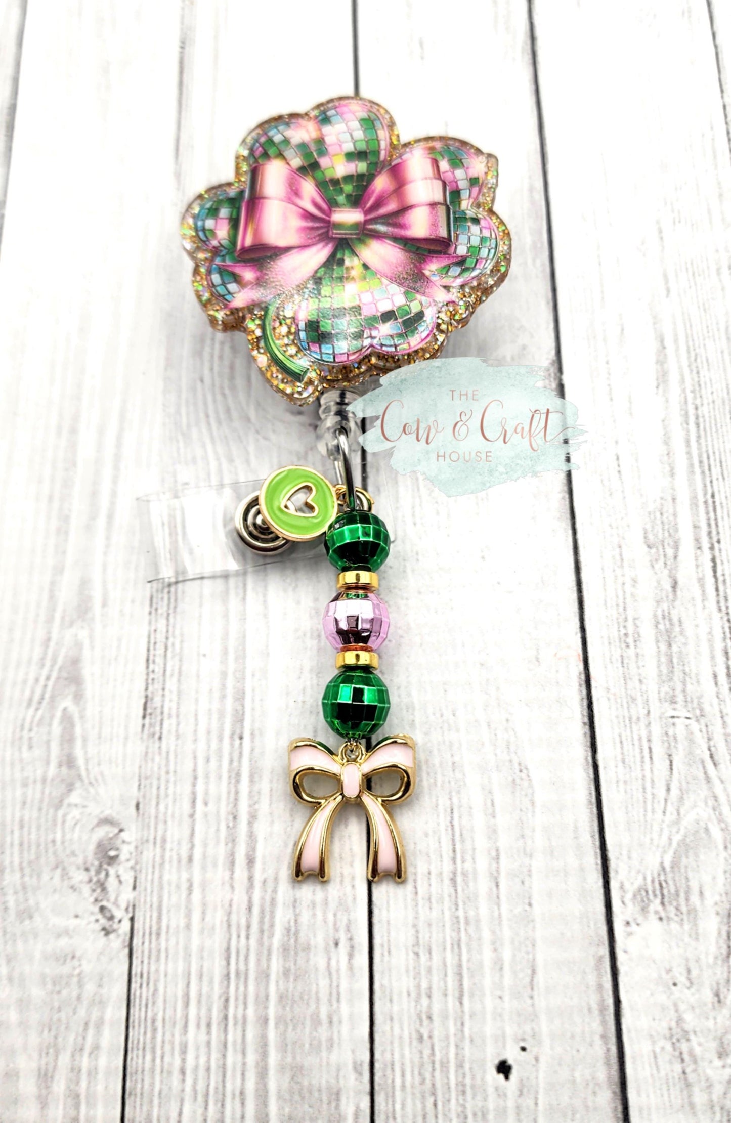 St Patrick's Day Clover Badge Reel, Rhinestone Bow, Medical ID