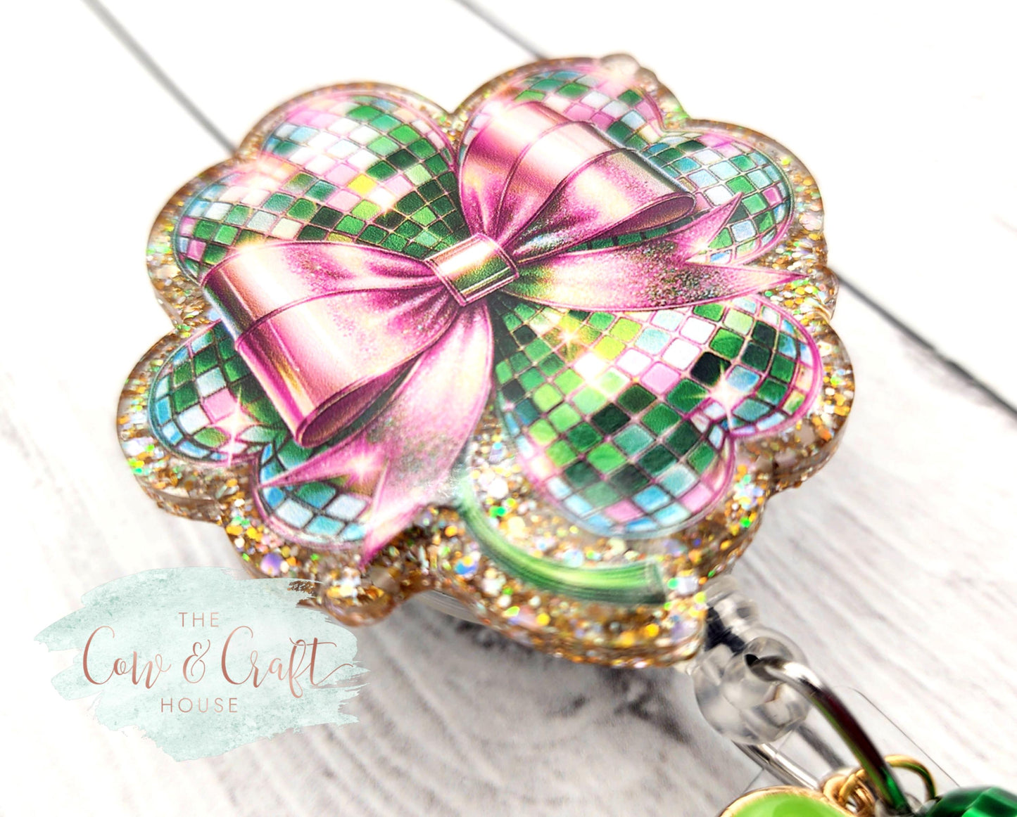 St Patrick's Day Clover Badge Reel, Rhinestone Bow, Medical ID