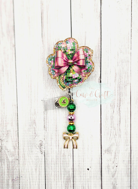 St Patrick's Day Clover Badge Reel, Rhinestone Bow, Medical ID