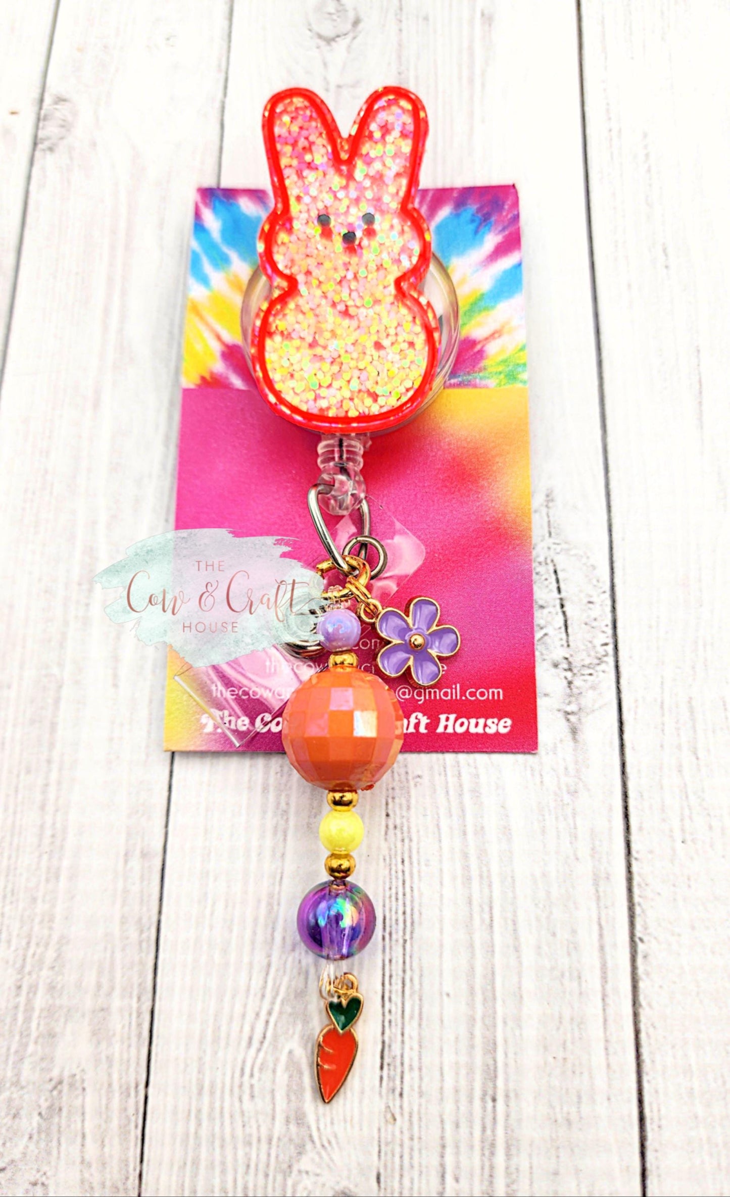 Peep Bunny Badge Reel, Glitter Easter ID Holder