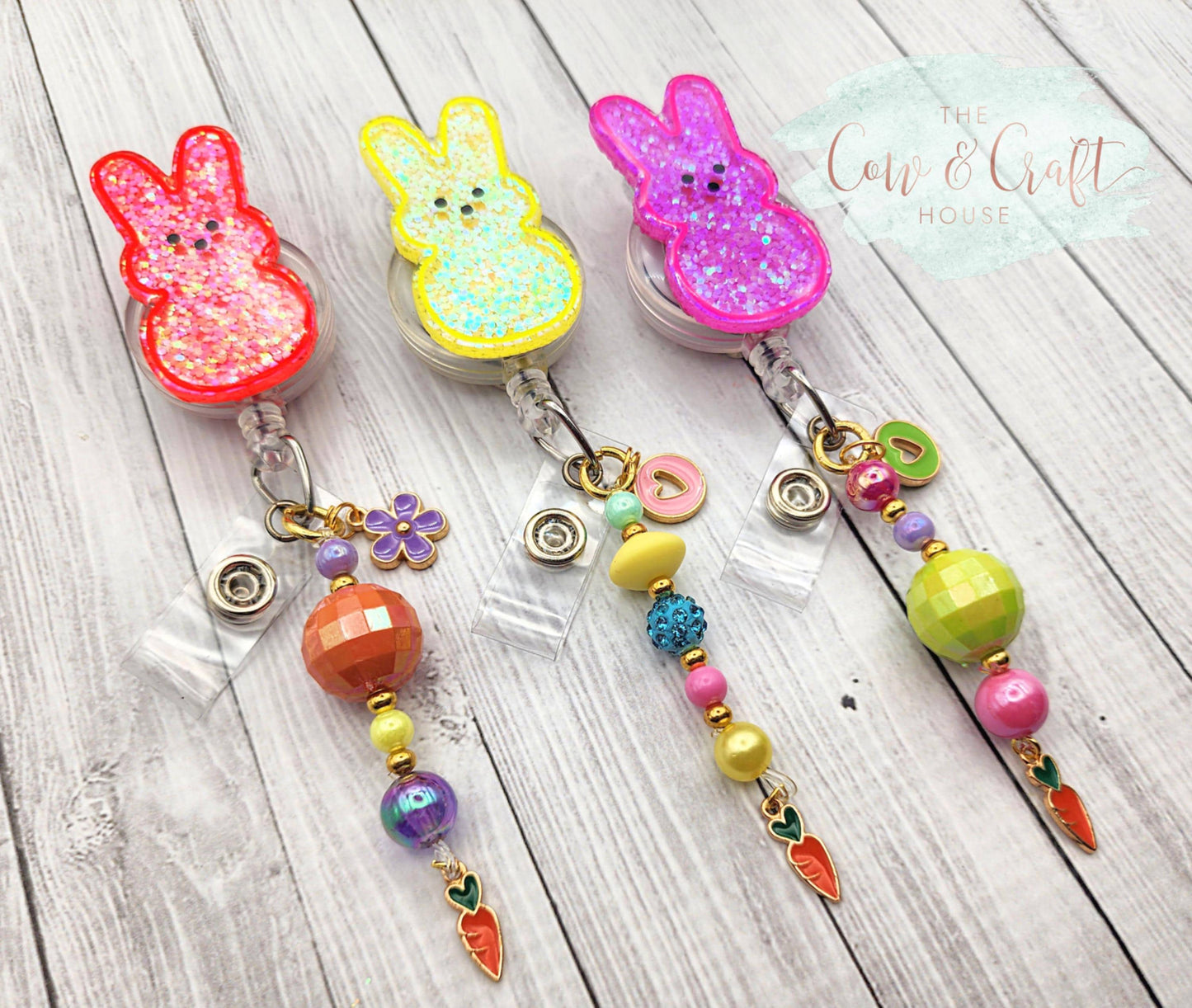 Peep Bunny Badge Reel, Glitter Easter ID Holder