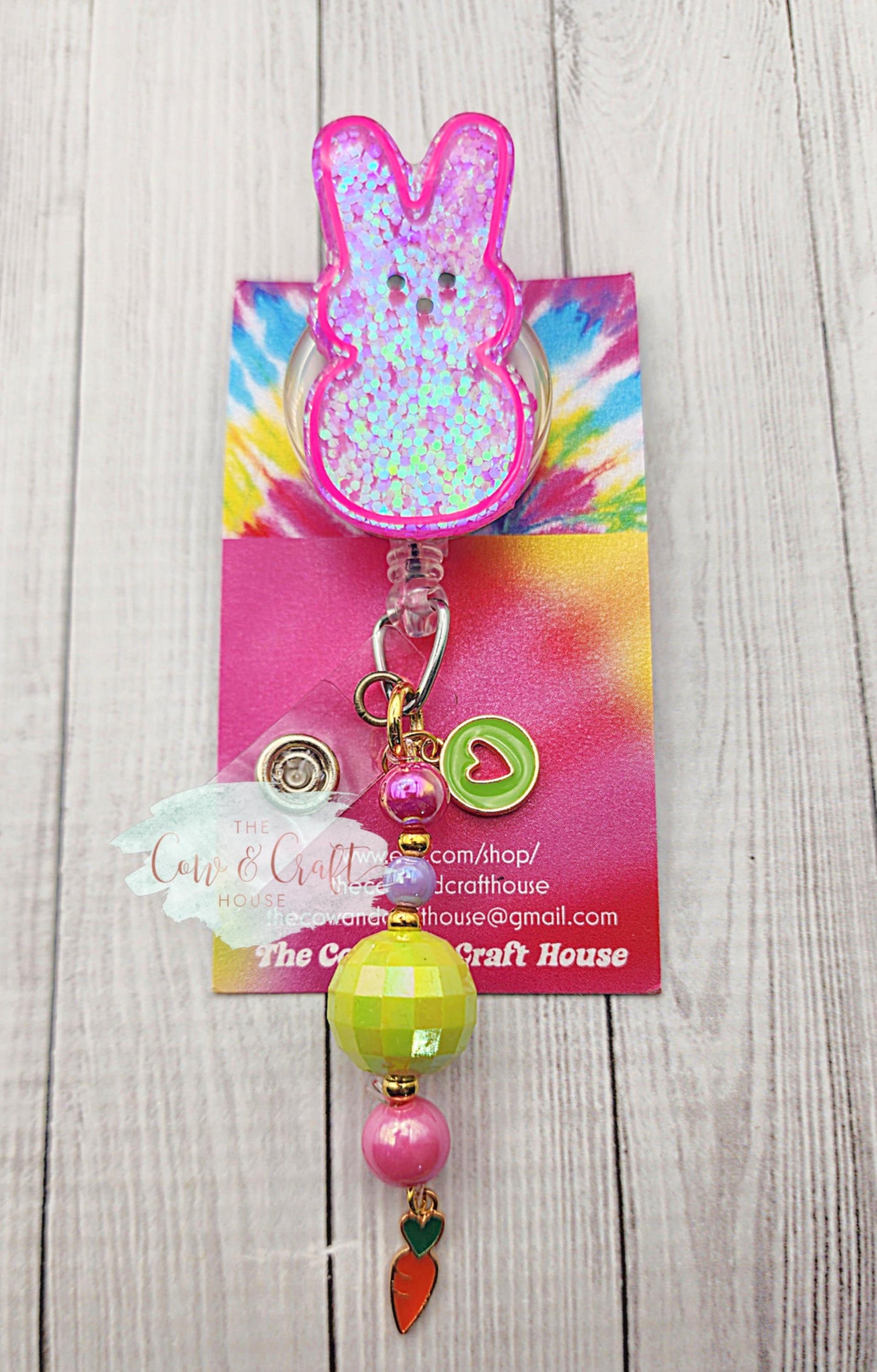 Peep Bunny Badge Reel, Glitter Easter ID Holder