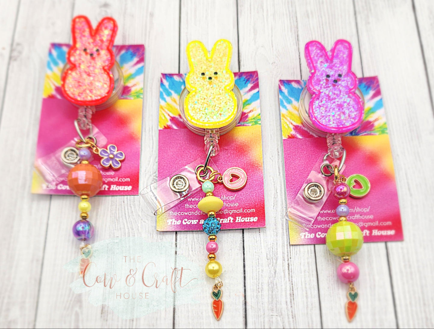 Peep Bunny Badge Reel, Glitter Easter ID Holder