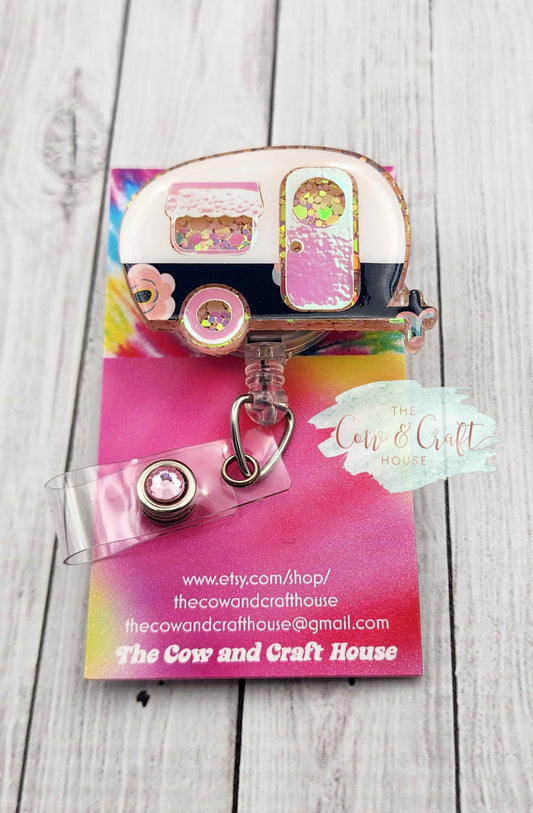 Camper Badge Reel: Glitter RV Retractable ID Holder