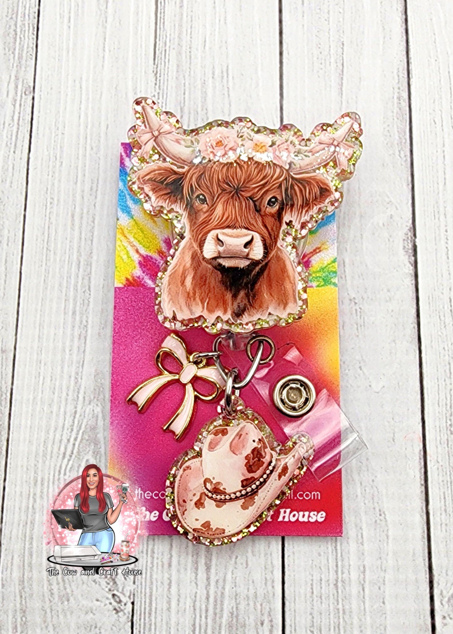 Highland Cow Badge Reel: Cowgirl Hat, Flowers & Bow