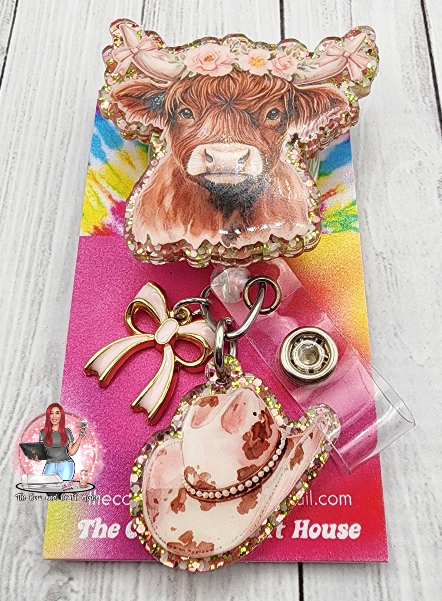 Highland Cow Badge Reel: Cowgirl Hat, Flowers & Bow