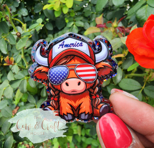 Independence Day Badge, 4th of July Badge Reel, Highland Cow Badge Reel, Highland Cow Badge Clip, Farm Animals, Cute Badge Reel