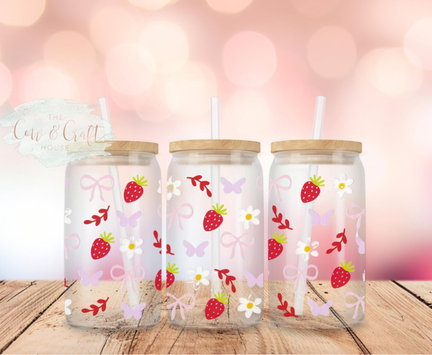 Coquette Glass Cup – Strawberry, Flowers & Bows, Iced Coffee Tumbler