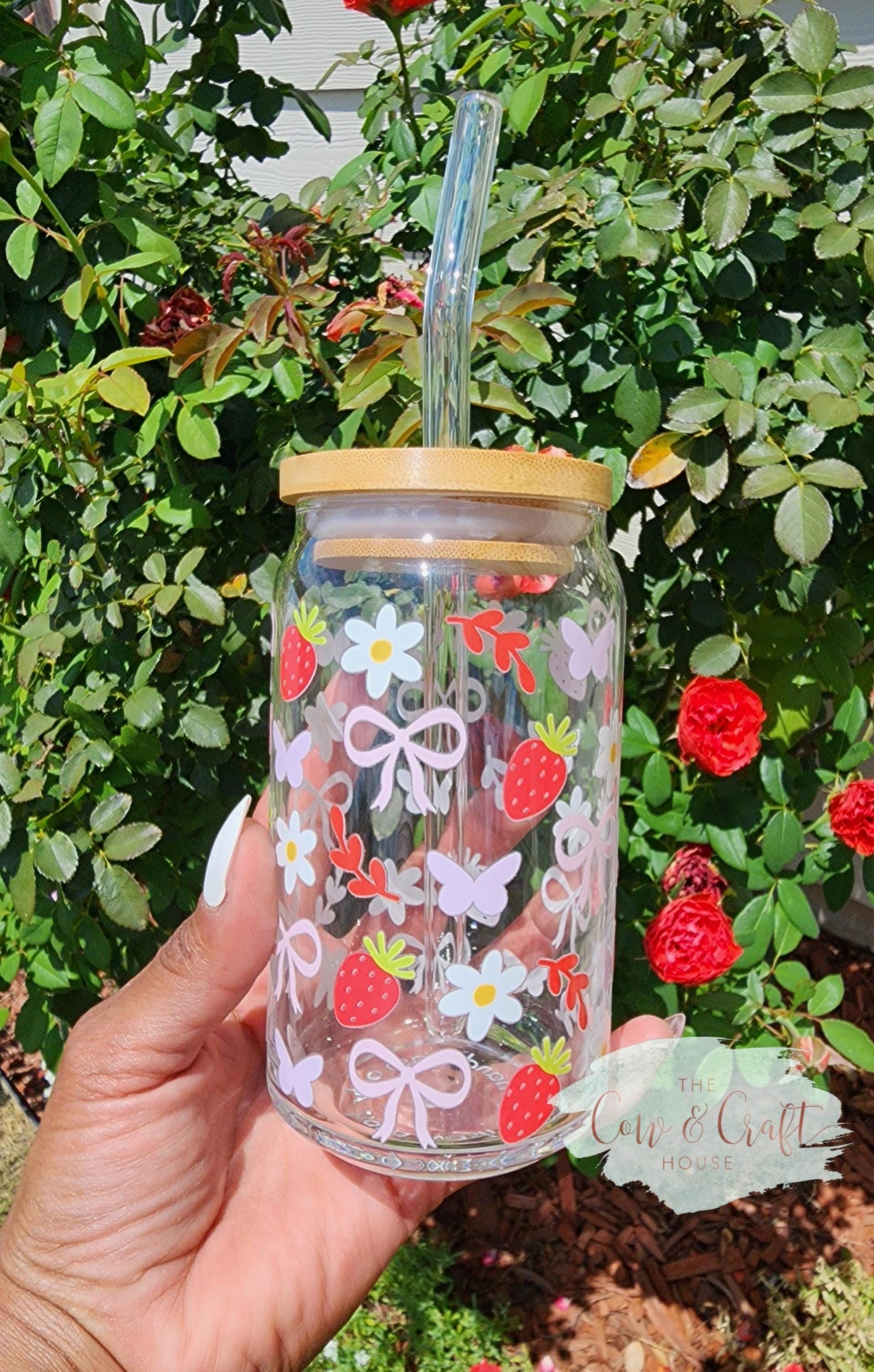 Coquette Glass Cup – Strawberry, Flowers & Bows, Iced Coffee Tumbler