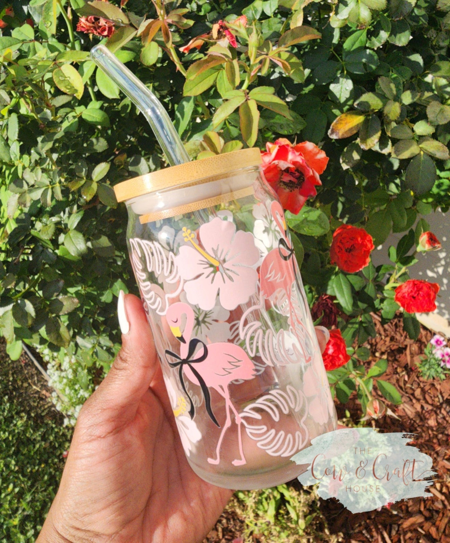 Pink Flamingo Iced Coffee Glass Cup | Coquette Flowers, Bamboo Lid & Straw